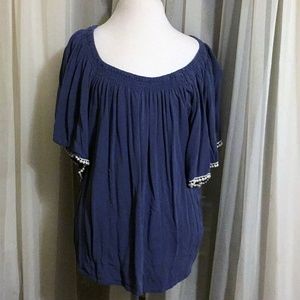 Boho style Denim Blue Batwing Blouse w/ Lace Trim